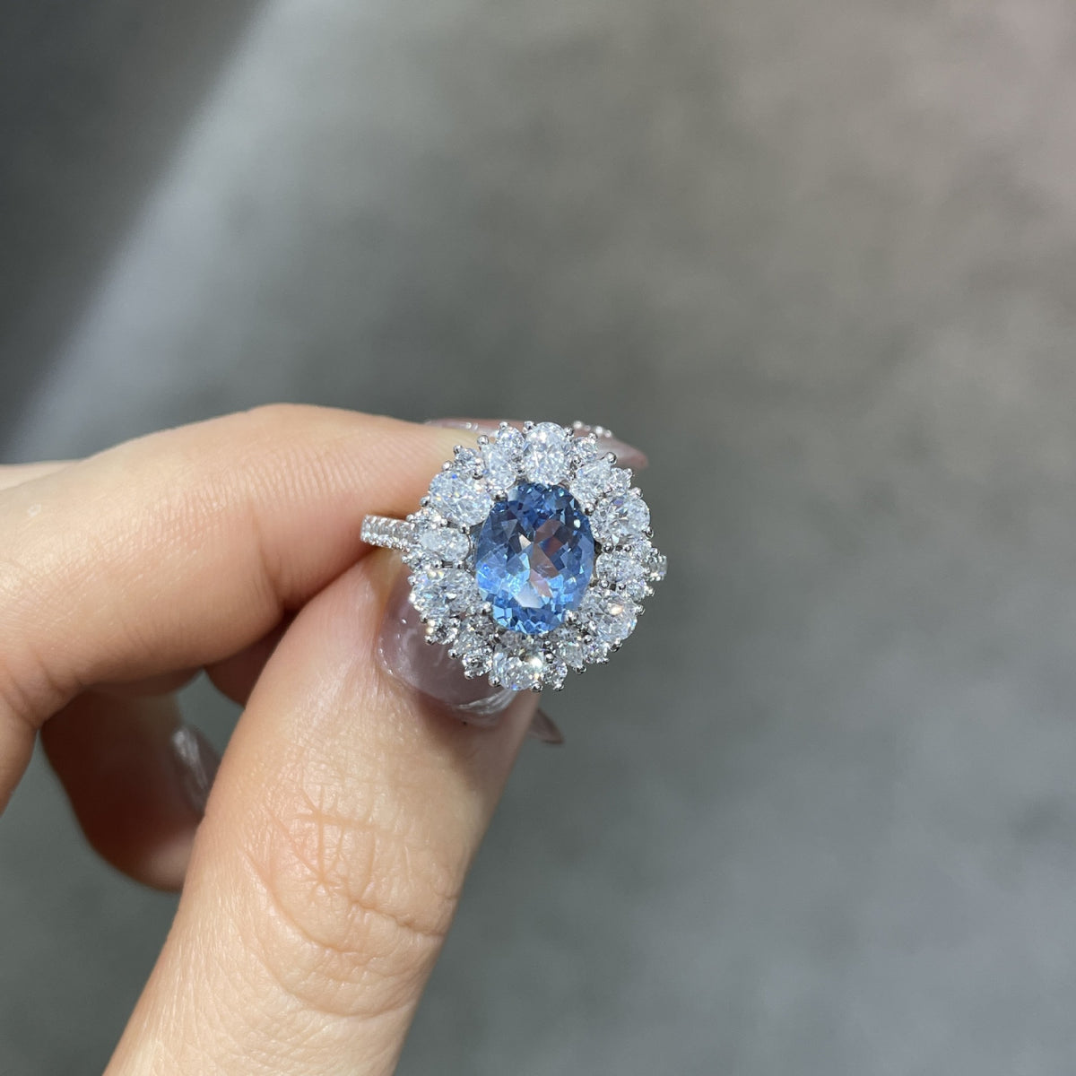925 Silver Oval Blue Halo Ring, Blue Spinel Promise Ring for Women, Daily Wear Ring product image