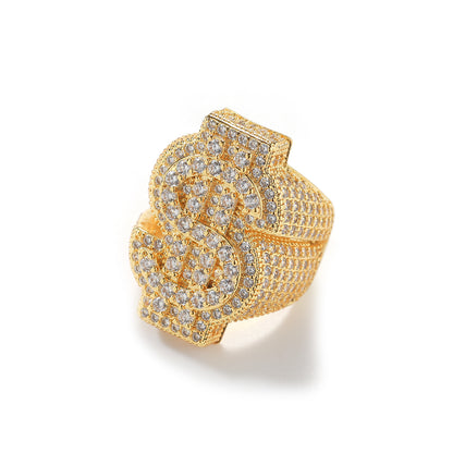 Gold tone iced coin cubic zirconia statement ring front view