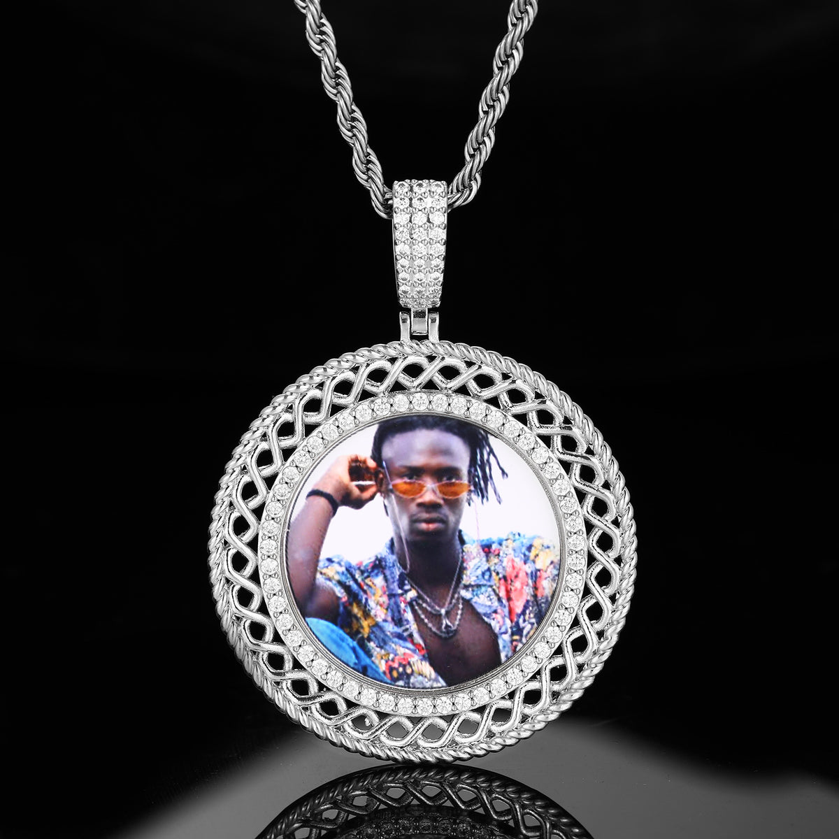 Iced Out Round Portrait Pendant Necklace with Rope Chain for Men and Women product image