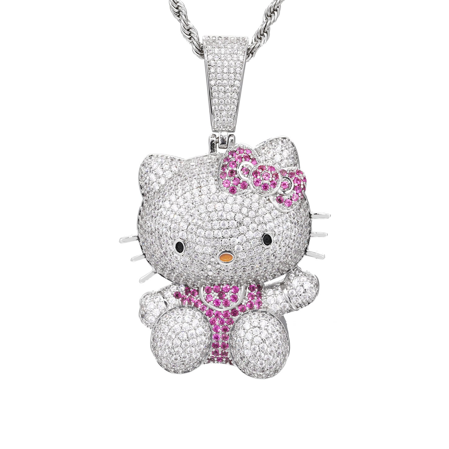 Iced Out Cartoon Cat Pendant Necklace with Cubic Zirconia in White Gold Tone product image
