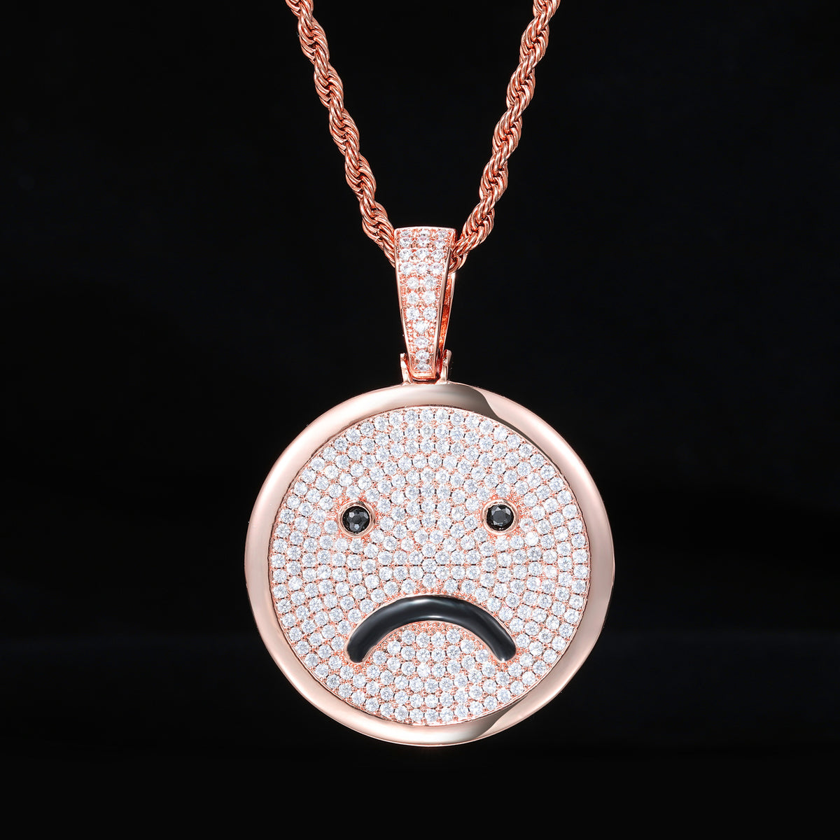 Iced Out Smiley Face Pendant Necklace, Rope Chain Hip Hop Zircon Jewelry product image