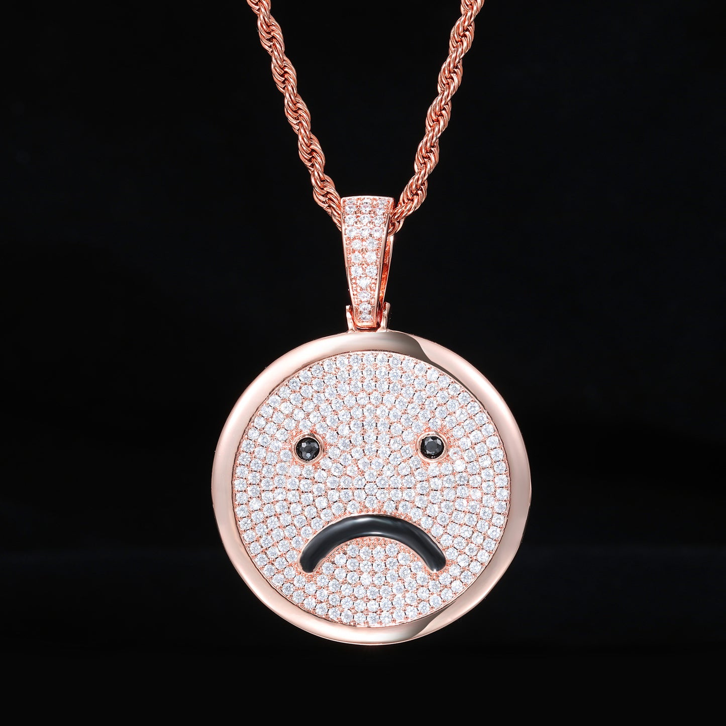 Iced Out Smiley Face Pendant Necklace, Rope Chain Hip Hop Zircon Jewelry product image