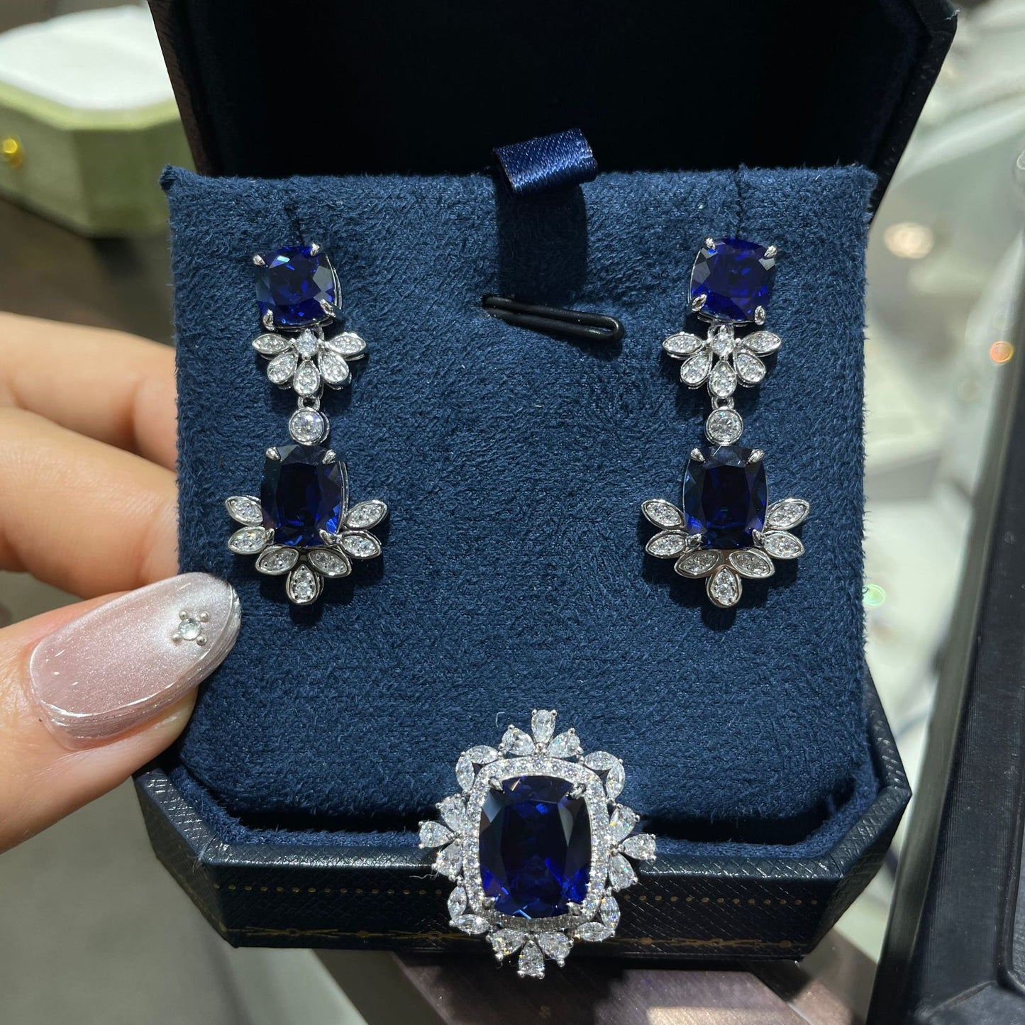 Blue Cushion-Cut Halo Jewelry Set, Ring Necklace Earrings, S925 Silver product image