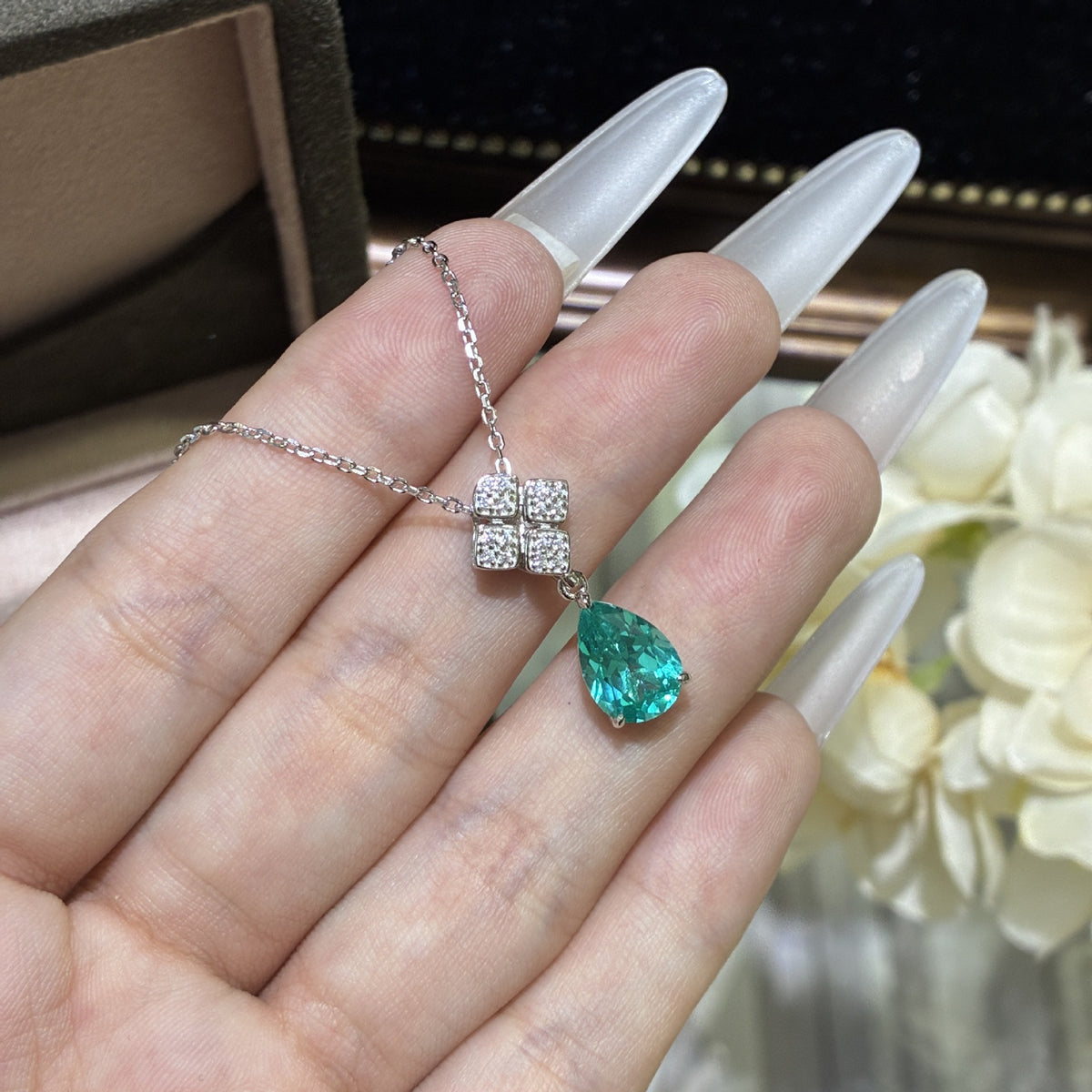 Blue Teardrop Pendant Necklace and Stud Earrings Set, Geometric Sparkle Jewelry product image