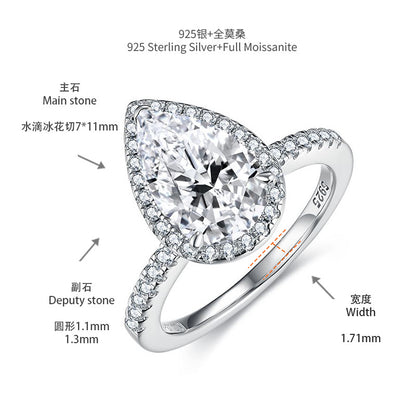 3 Carat Pear Cut Moissanite Halo Ring, 925 Sterling Silver Promise Ring