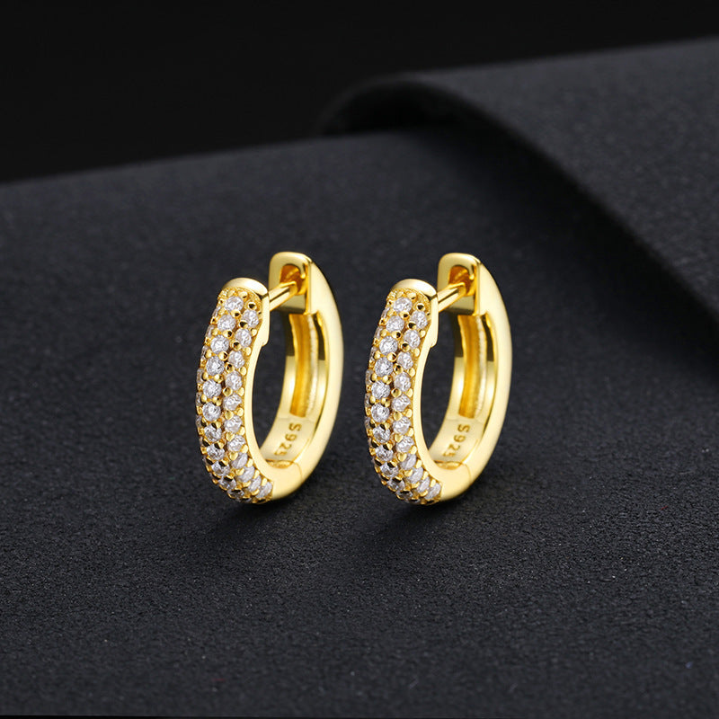 Unisex 925 Silver Moissanite Huggie Hoop Earrings in Gold Tone, Iced Out Round Geometric Stud Earrings product image