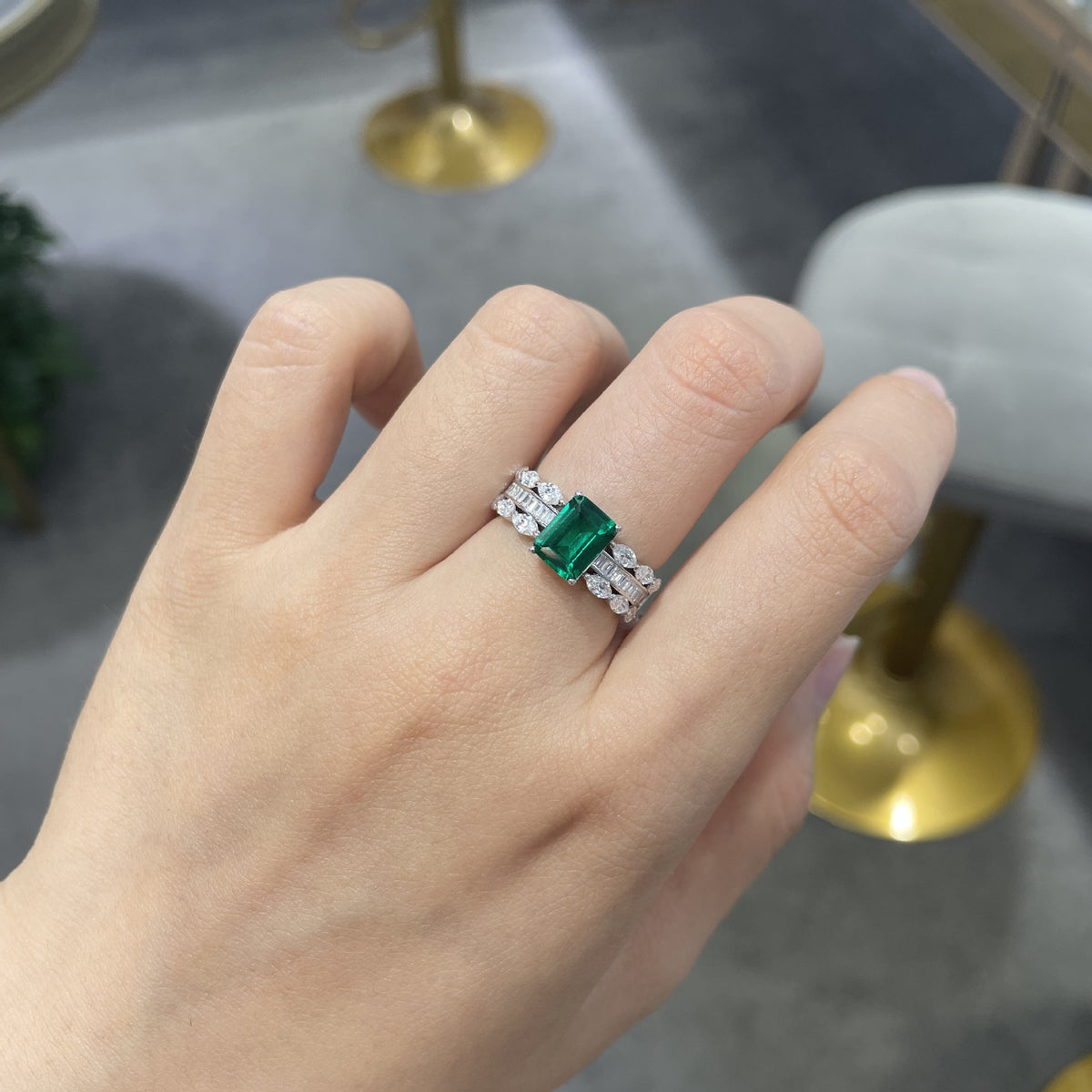 18K Gold Plated Colored Stone Ring for Women, S925 Silver Halo Ring with Rectangular Lab-Grown Center Stone product image