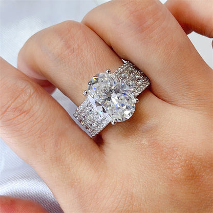8 Carat Oval Moissanite Halo Ring for Women, Wide Pavé Engagement Ring, D Color Statement Ring