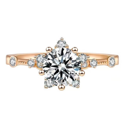 Moissanite Flower Halo Ring for Women, Floral Engagement Ring, Wedding Promise Ring, Rose Tone or White Tone