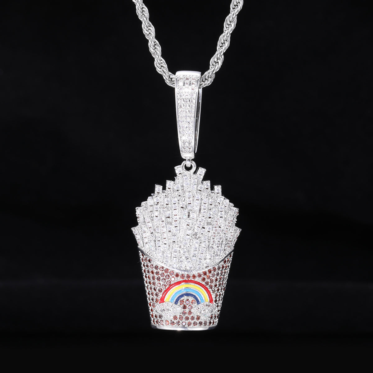Iced Fry Pendant Necklace with Zircon Detail and Rope Chain product image
