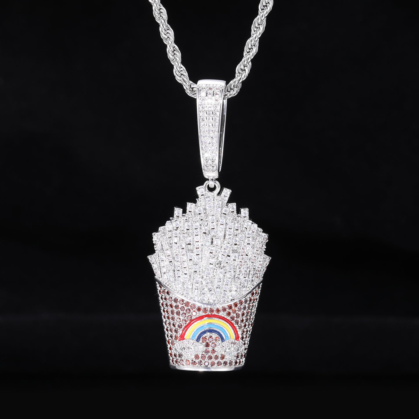 Iced Fry Pendant Necklace with Zircon Detail and Rope Chain product image