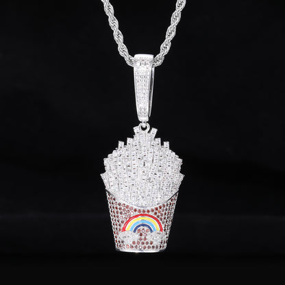 Iced Fry Pendant Necklace with Zircon Detail and Rope Chain