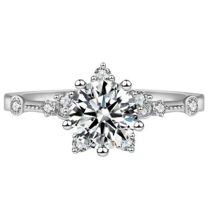 Moissanite Flower Halo Ring for Women, Floral Engagement Ring, Wedding Promise Ring, Rose Tone or White Tone