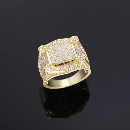 Unisex Iced Out Geometric Square Ring with Cubic Zirconia in White Gold Tone