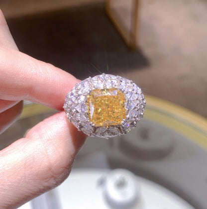 Blue Square Halo Ring for Women, 5 Carat Look, S925 Silver with 18K Gold-Plated Finish