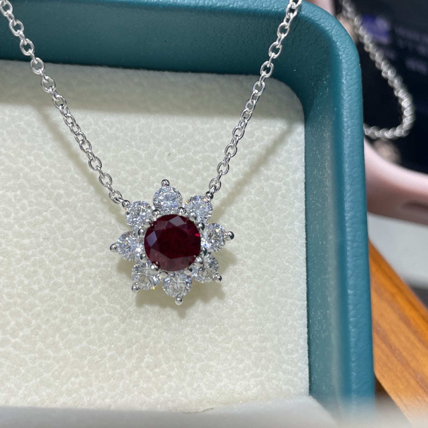 Ruby Red Crystal Floral Ring Earrings Necklace Jewelry Set product image