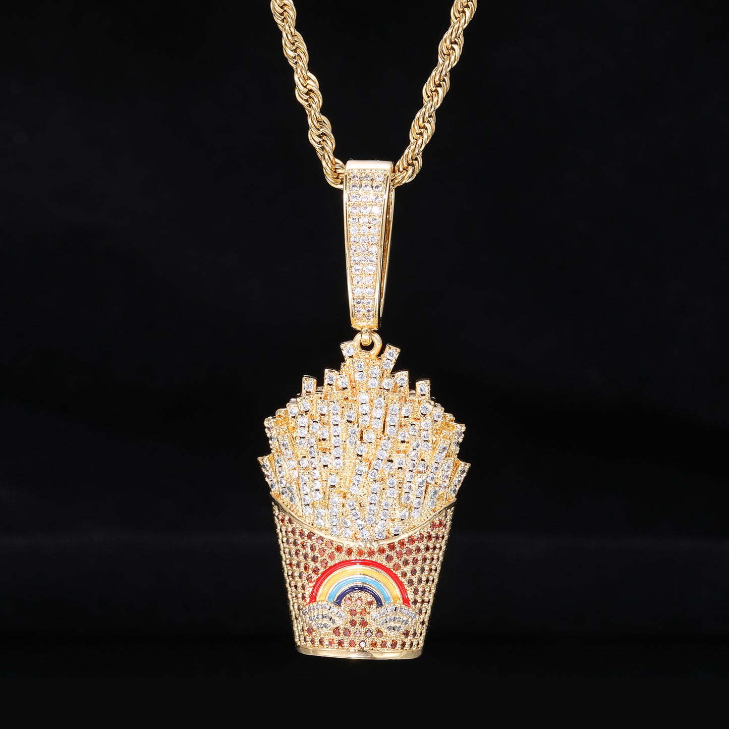 Iced Fry Pendant Necklace with Zircon Detail and Rope Chain product image