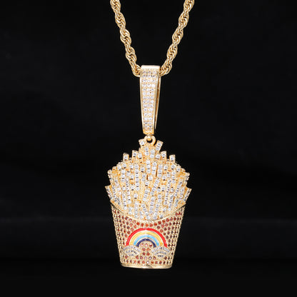 Iced Fry Pendant Necklace with Zircon Detail and Rope Chain