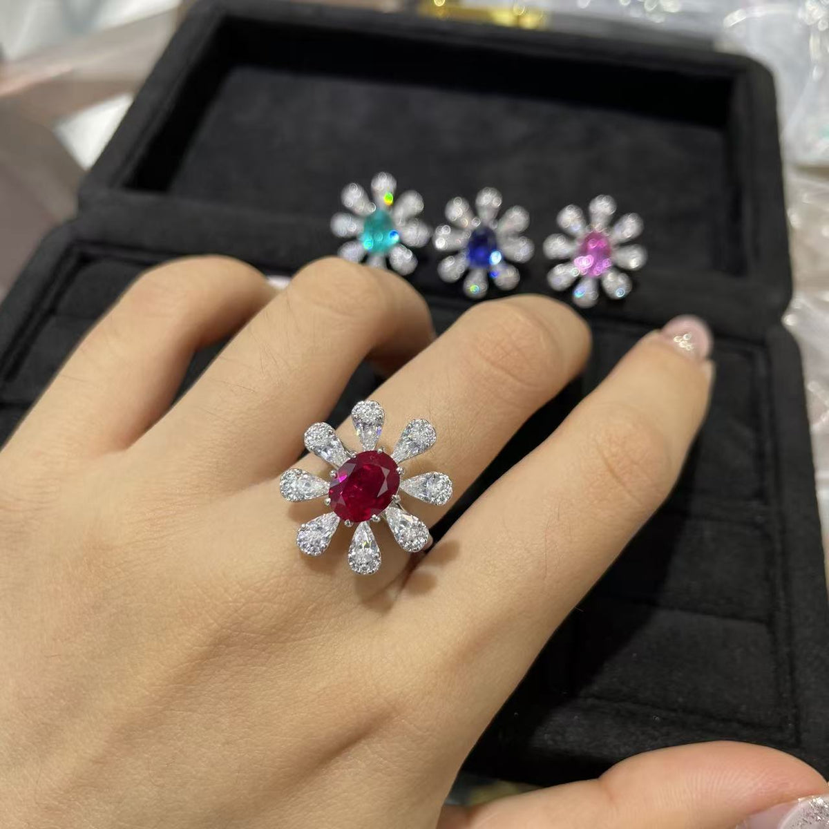 925 Silver Flower Ring, 2 Carat Oval Gemstone Daisy Cluster Ring for Women product image