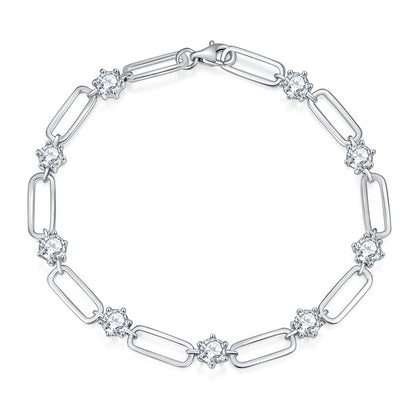 18K Gold Paperclip Link Moissanite Necklace, Round Stone Station Chain