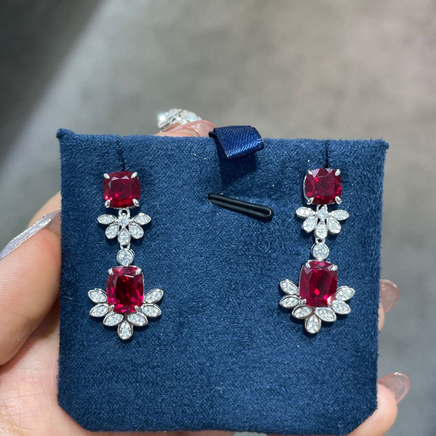 Cultivated Red Ruby Jewelry Set, S925 Silver Earrings and Pendant, Cushion-Cut Floral Design product image