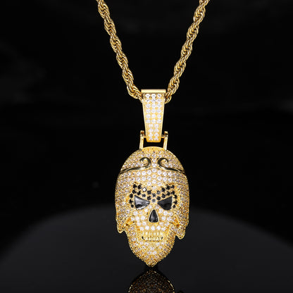 Iced Out Skull Pendant Necklace for Men Women, Hip Hop Copper Jewelry with Cubic Zirconia Rope Chain