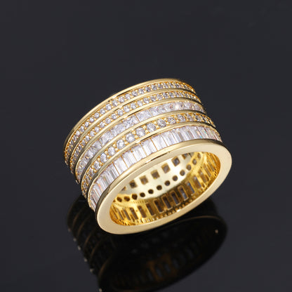 Iced Out 5-Row Zircon Band Ring for Men and Women, Geometric Hip Hop Statement Ring