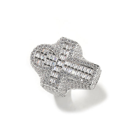 Silver tone cross cubic zirconia statement ring angled view