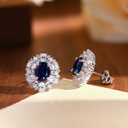 Blue Sapphire Oval Halo Jewelry Set, Necklace Earrings Ring, Silver-Tone