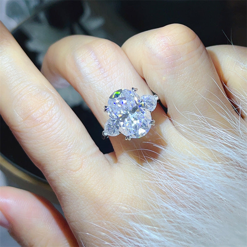 Oval Moissanite Ring for Women, 3-Stone Halo Style Engagement Ring, Geometric Statement Ring product image