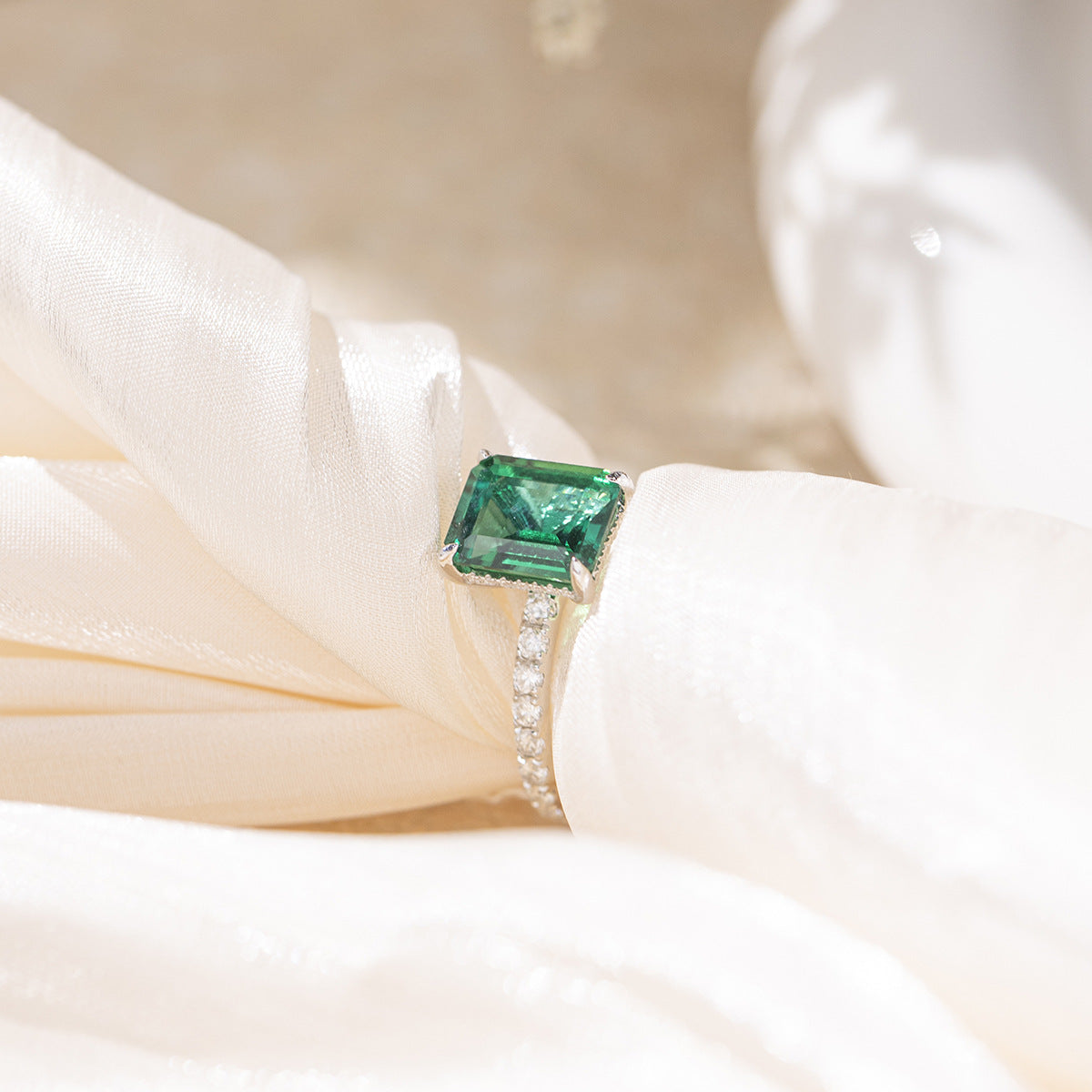4-Carat Emerald-Cut Green Stone Ring, S925 Sterling Silver Engagement Ring product image