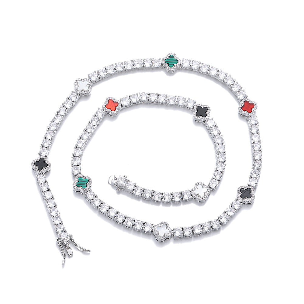 Clover Tennis Chain Bracelet & Necklace, Sparkling Cuban Link Jewelry