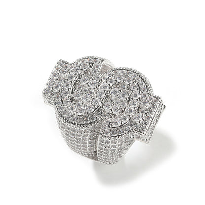 Silver tone iced coin cubic zirconia ring front view