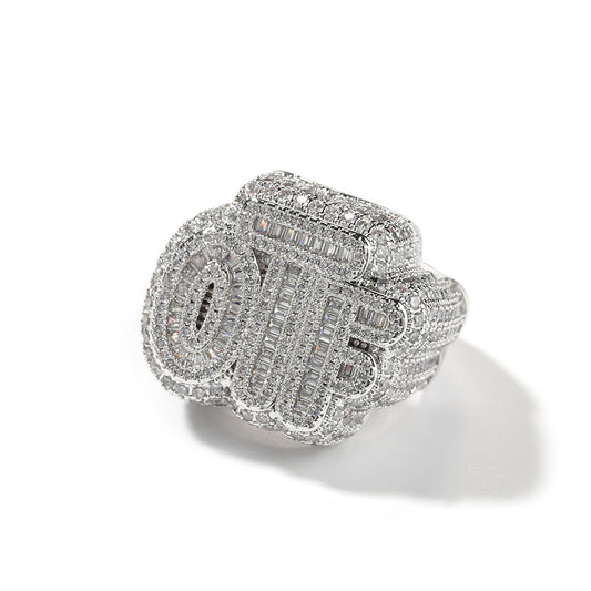 Silver tone OF letter cubic zirconia ring front view alternate product image