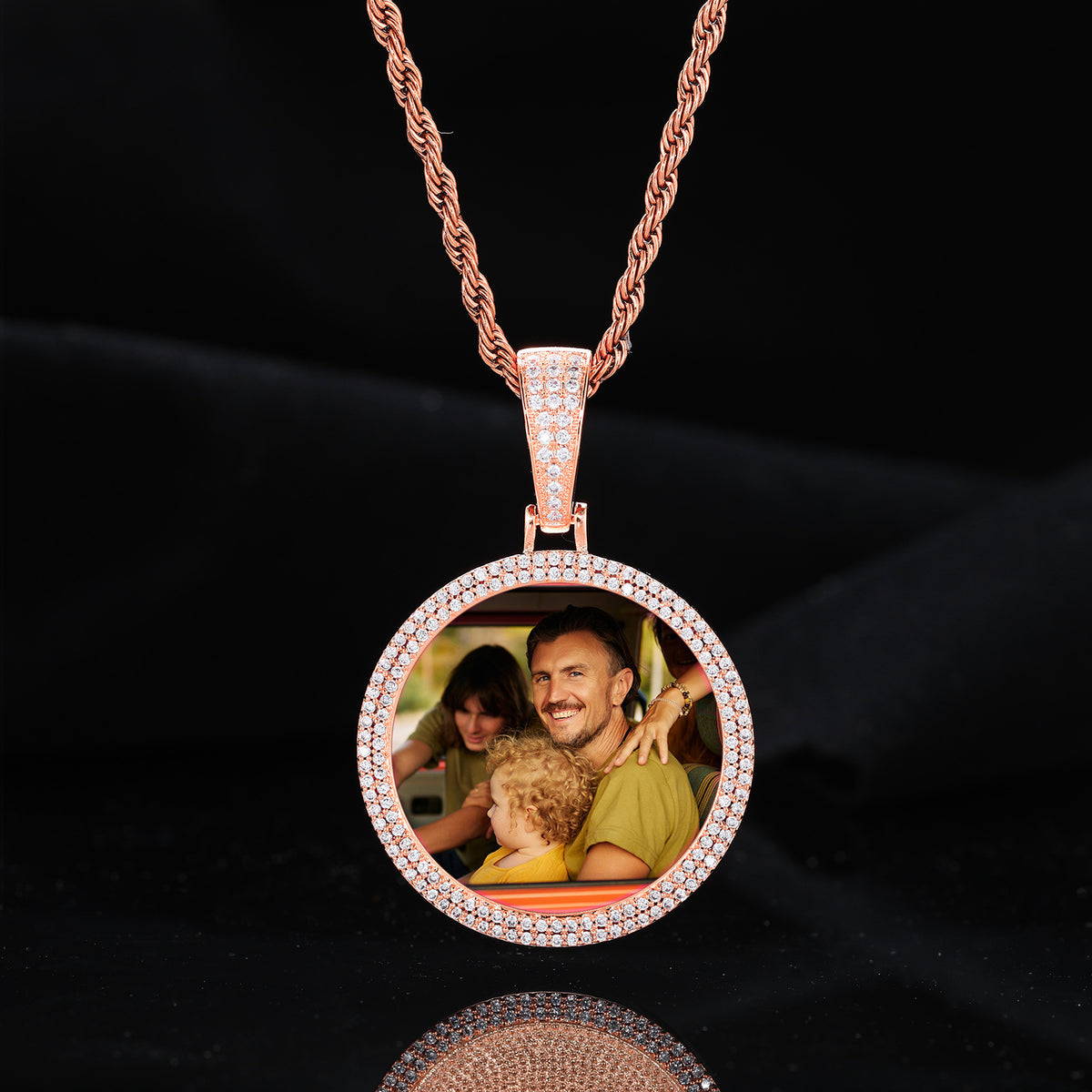 Iced Out Round Photo Pendant Necklace for Men and Women, Geometric Cuban Link Style Chain in Gold, Silver or Rose Gold Tone product image