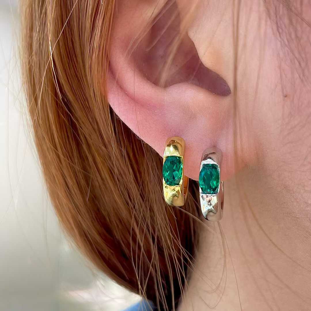 Classic Retro Green Oval Hoop Earrings, S925 Gold-Tone Lab-Grown Emerald product image