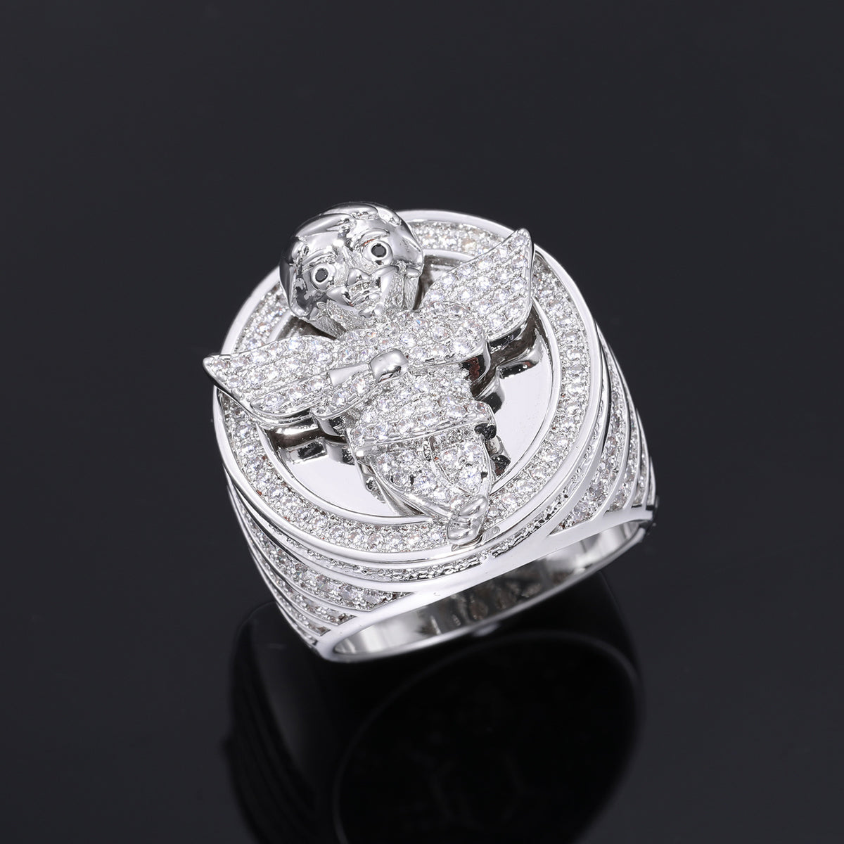 Angel Signet Ring for Men with Zircon Stone Pavé, Hip Hop Geometric Circle Ring, Gold Tone or White Tone, Sizes 7 8 9 10 product image