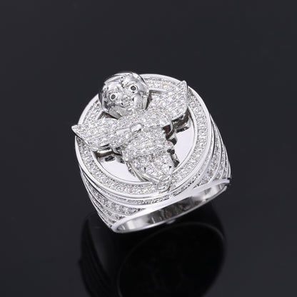 Angel Signet Ring for Men with Zircon Stone Pavé, Hip Hop Geometric Circle Ring, Gold Tone or White Tone, Sizes 7 8 9 10