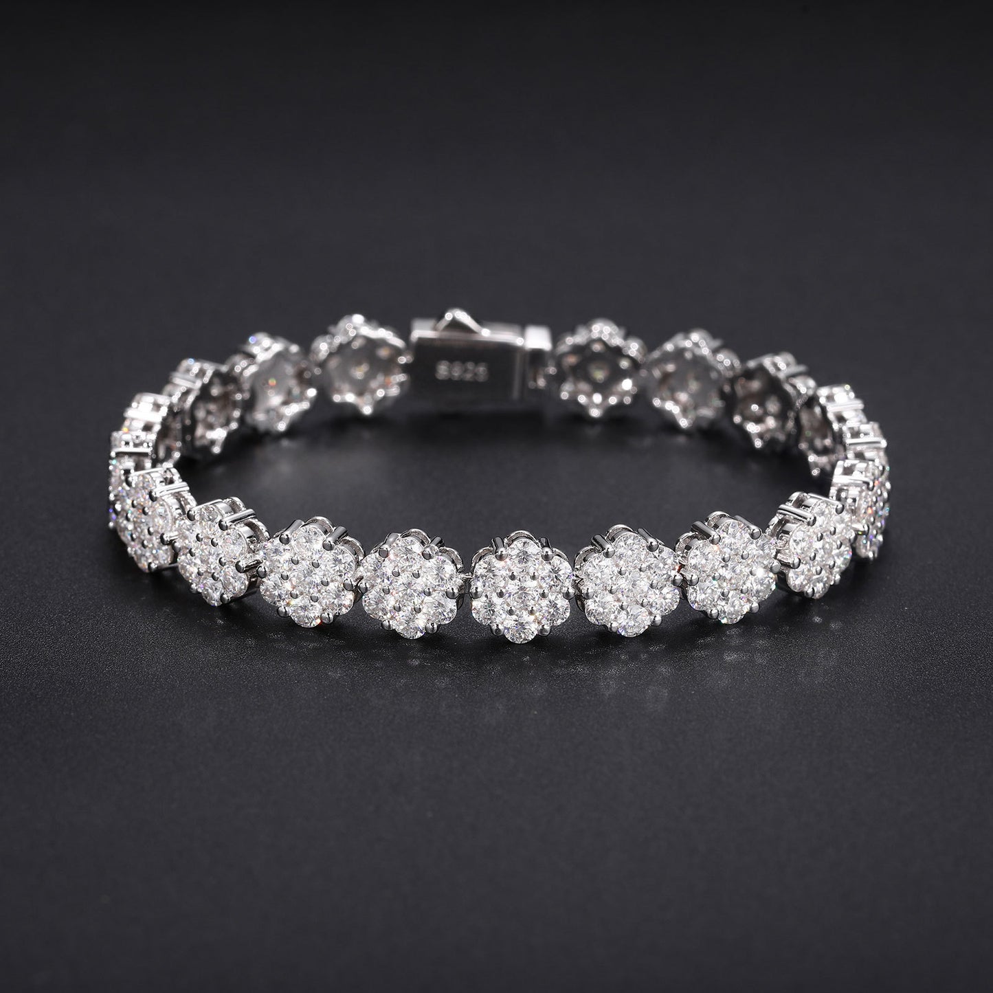Unisex Silver Tone Moissanite Flower Cluster Tennis Bracelet, Iced Out Hip Hop Jewelry, 6 7 8 Inch product image