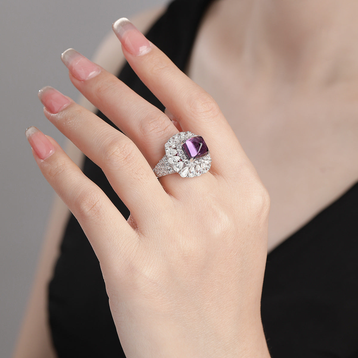 Natural Amethyst Halo Ring, Purple Gemstone Cluster Ring for Women product image