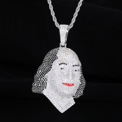 Portrait Face Zircon Hip Hop Pendant Necklace with Rope Chain