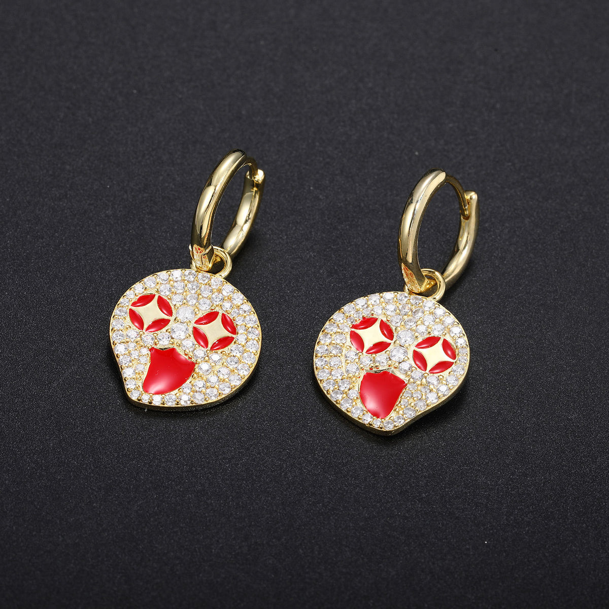 Gold Tone Smiley Face Hoop Earrings with Micro Pave Detail - Unisex Hip Hop Stud Hoop Earrings product image