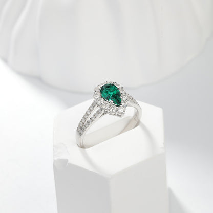 Pear-Shaped Green Halo Ring, Split Shank Engagement Ring for Women