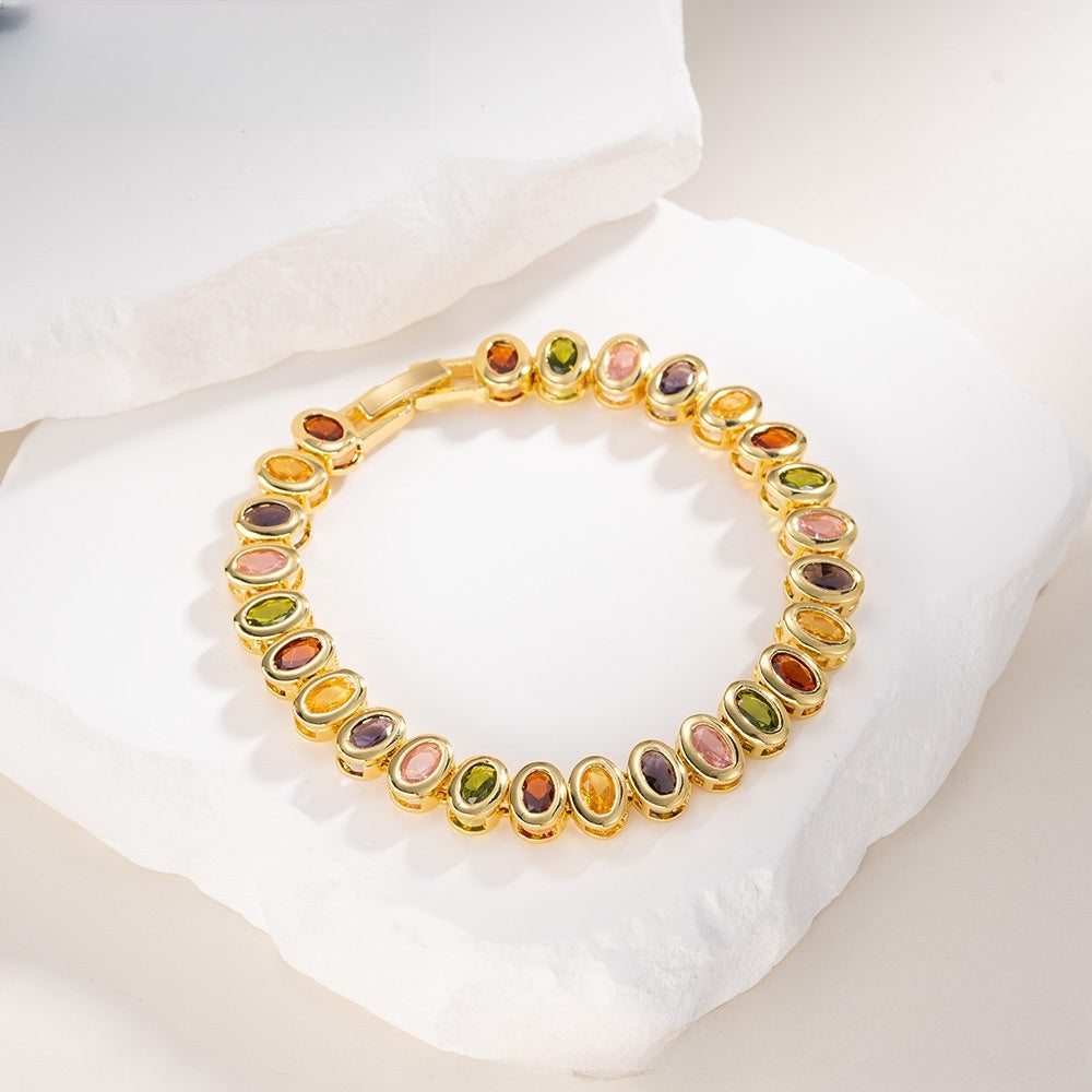 Colorful Oval Crystal Link Bracelet for Women and Men, Gold Plated Fashion Statement Chain Bracelet
