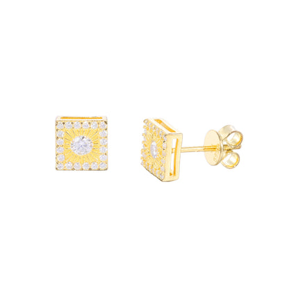 Unisex Iced Out Geometric Stud Earrings in Silver Tone with Moissanite Accent