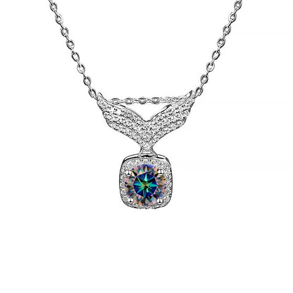 S925 Moissanite Angel Wings Pendant Necklace, Box Chain, Multicolor Stone Options
