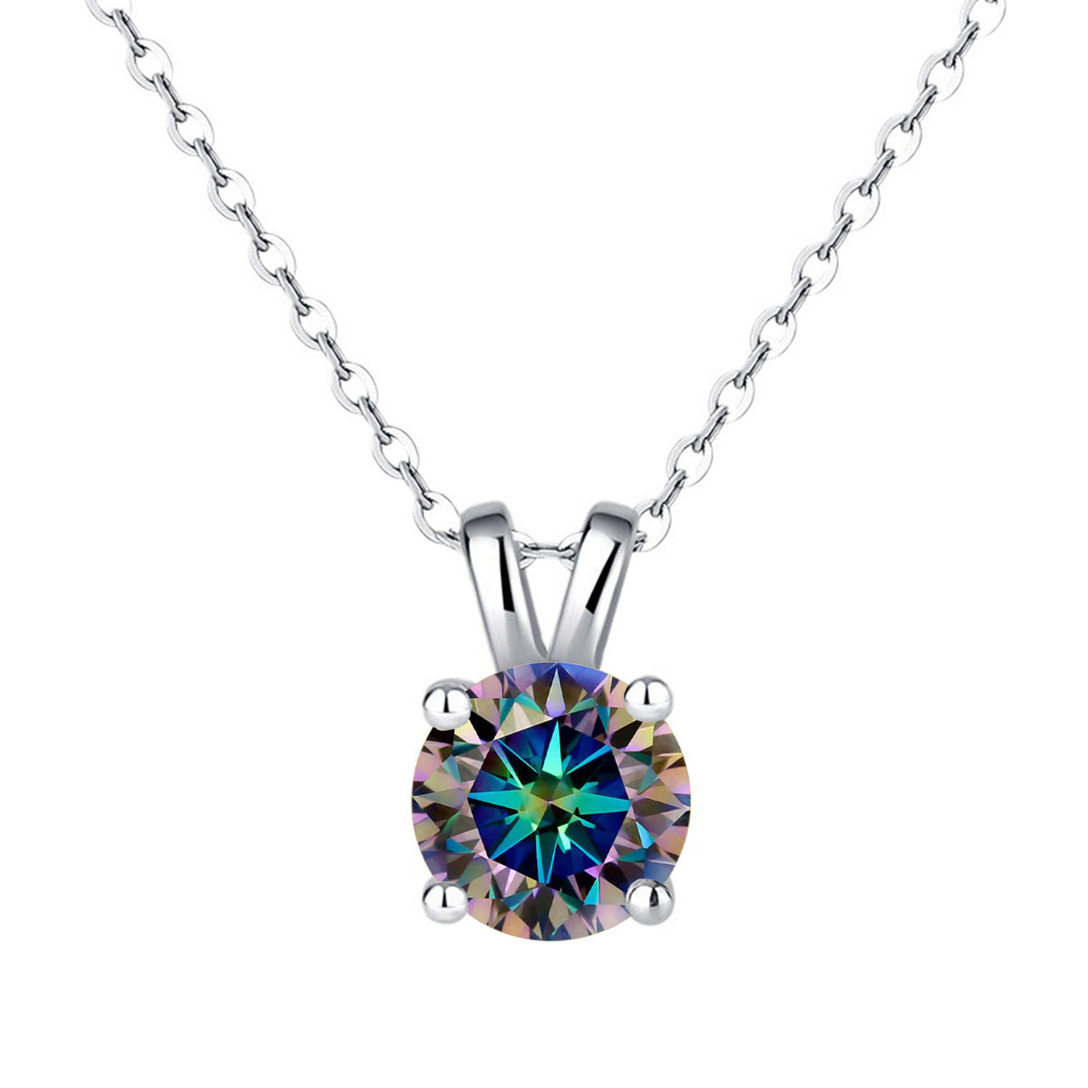 925 Silver 1ct Moissanite Pendant Necklace, Round Box Chain Rabbit Ear Setting product image