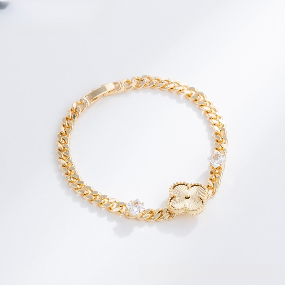 Elegant Four Leaf Clover Gold Plated Bracelet with Crystal Charm for Women & Men