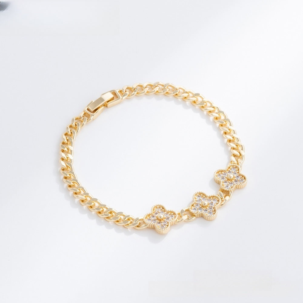 Elegant Four Leaf Clover Gold Plated Bracelet with Crystal Charm for Women & Men