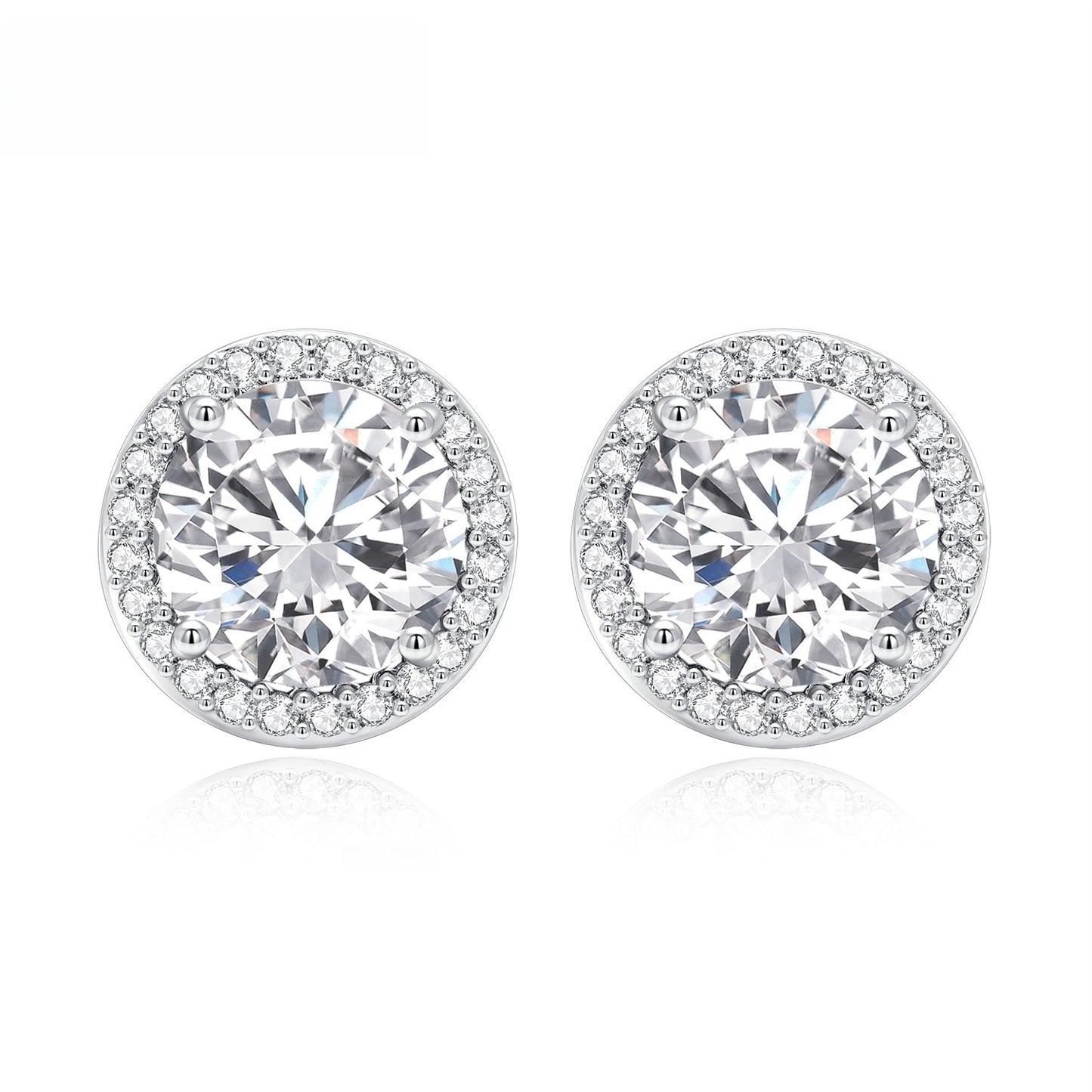 Round Halo Cubic Zirconia Stud Earrings for Women in Silver Plated Copper